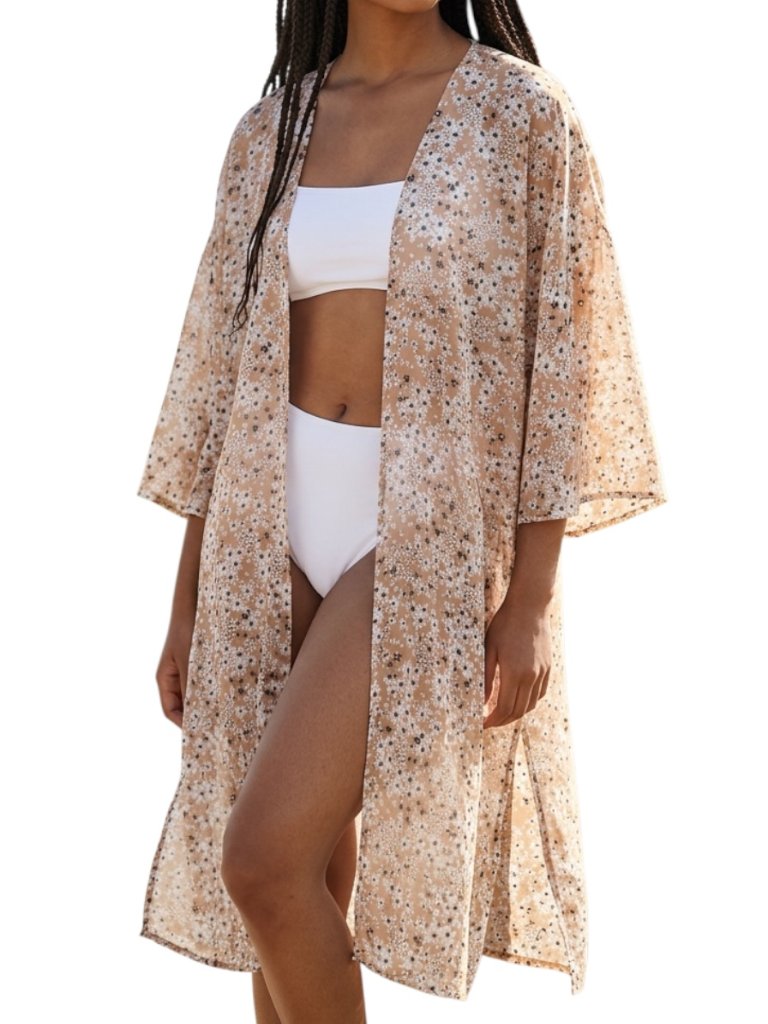 Wild Fable Kimono Cover Up Floral Tan Open Front Sheer Boho Beach Summer Os